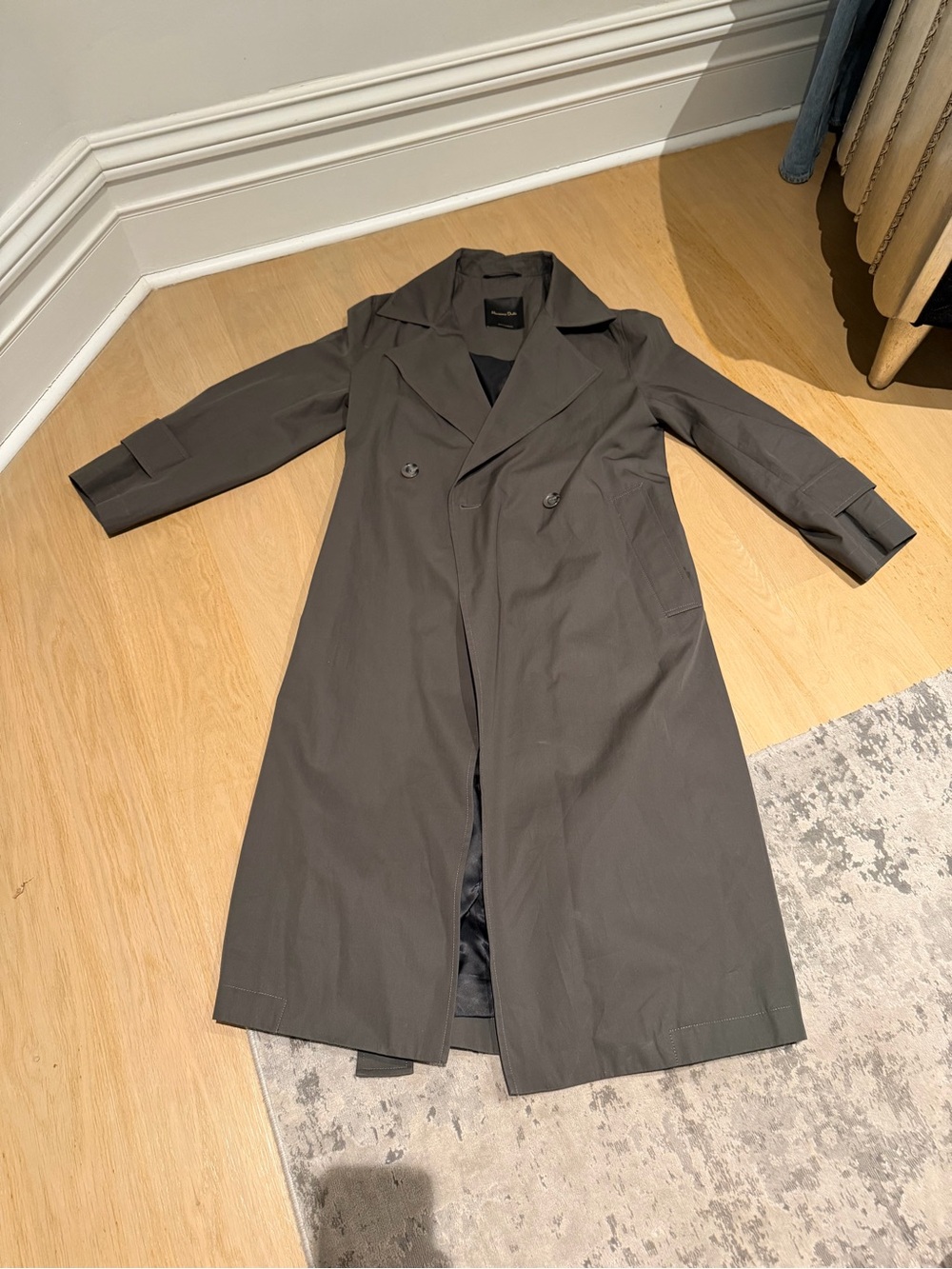 Massimo Dutti Double-Breasted Trench Coat in olive green